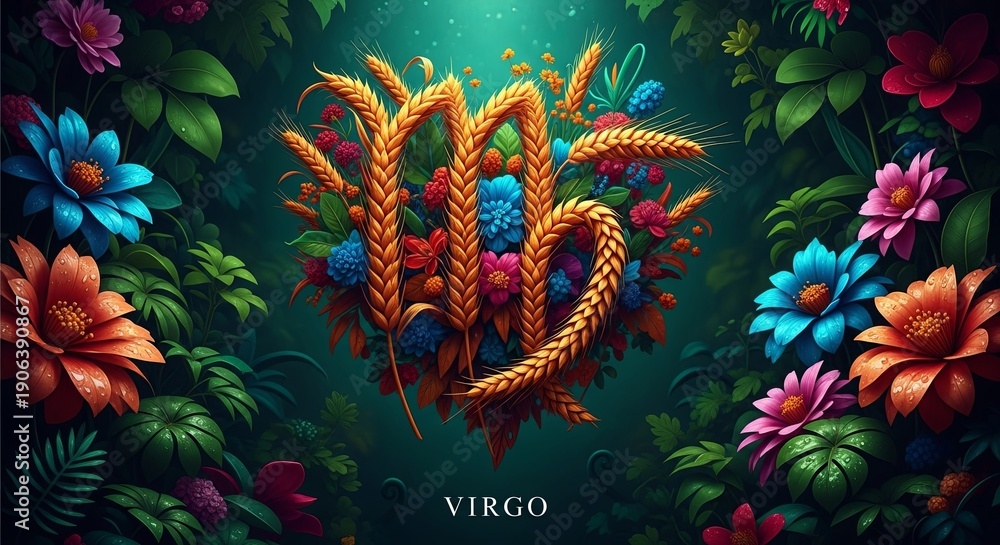 Fototapeta premium Virgo zodiac sign symbol made of wheat and flowers. Astrological birth sign concept. Horoscope prediction illustration.