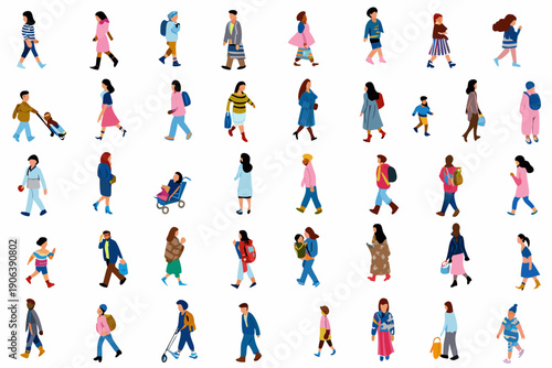 Diverse group of stylized people walking in various outfits and poses