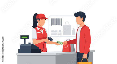 Customer paying cashier at checkout counter with money.