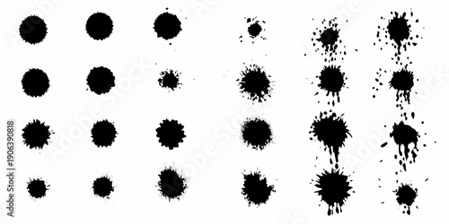 Abstract black ink blots and splatters on a white background