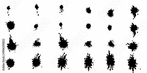 Abstract black ink splatters arranged in a grid on white background