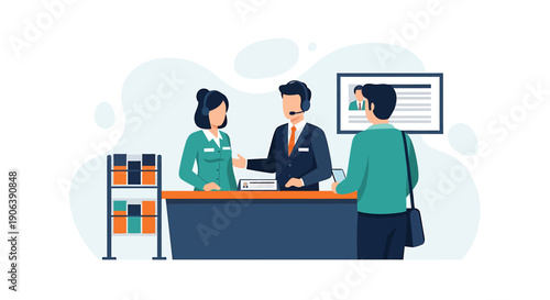 Customer service representatives assisting a client at a reception desk.