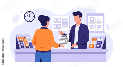 Customer signs contract at retail store counter with salesperson.