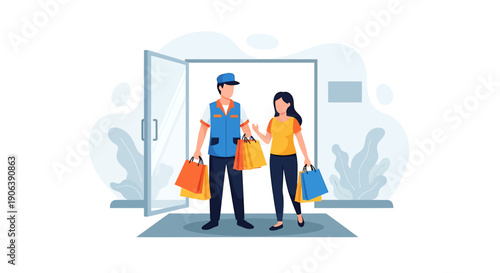 Delivery person hands shopping bags to woman at door.