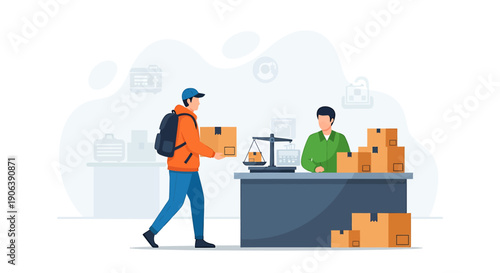 Delivery person hands package to postal worker at counter.