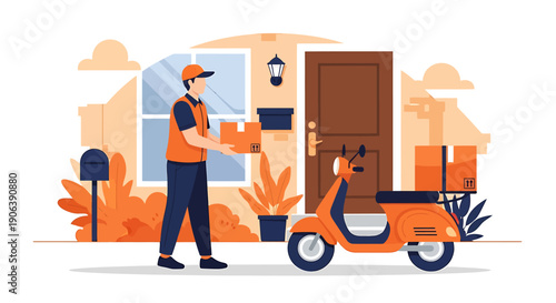 Delivery person with scooter and package at house door.