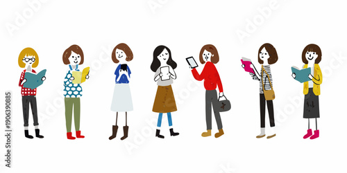 Diverse group of women standing together engaged in various activities