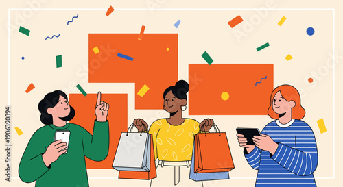 Diverse group of women enjoying shopping and celebration with confetti.