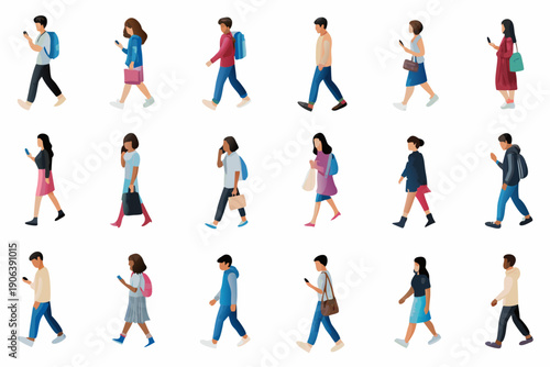 Diverse group of people walking using phones and carrying bags