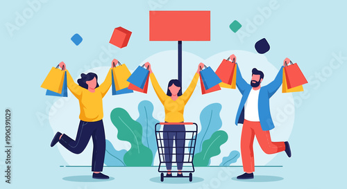 Happy people enjoying shopping with many bags and cart.