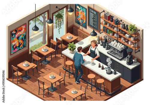 Isometric view of a bustling cafe with a barista serving a customer at the counter
