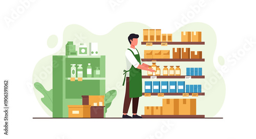 Man arranging products on shelves in a grocery store.