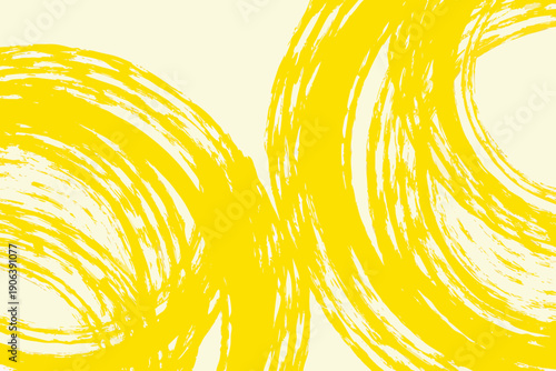 Abstract yellow brushstrokes create swirling organic shapes on a pale background