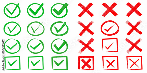 Green checkmarks and red crosses in a grid arrangement with mixed results
