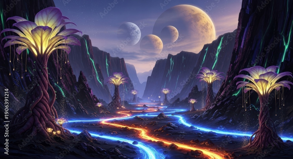 Obraz premium Otherworldly Vista: A breathtaking, otherworldly vista unfolds, showcasing fantastical flora and celestial bodies, and the vibrant flow of a river, painted in a display of colors.