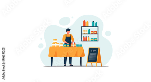 Man working at a market stall with products displayed.