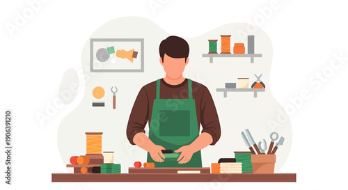 Man working in a craft workshop with tools and materials.