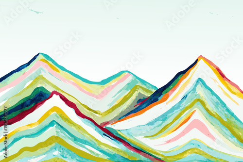 Quadro su tela Colorful abstract painting depicting a range of stylized mountain peaks