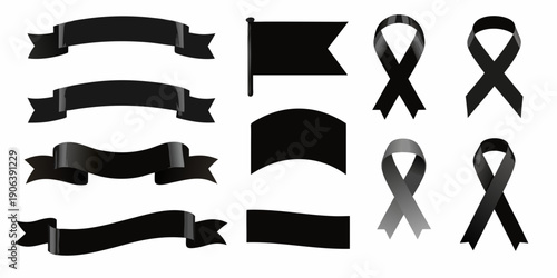 Collection of black ribbons banners and flags on a white background