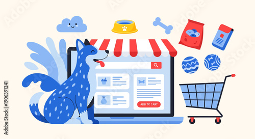 Online pet store with dog and shopping cart.