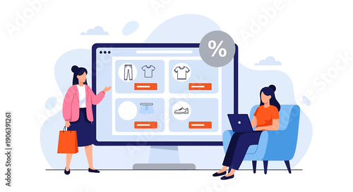 Online shopping concept with people and computer screen display.