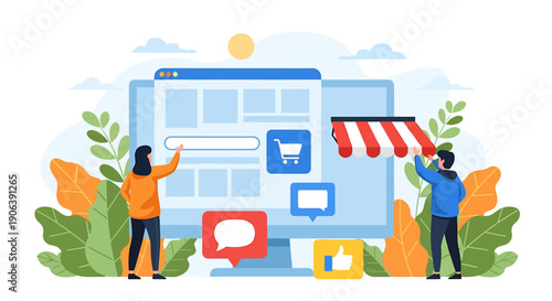 Online shopping concept with people interacting with a computer interface.