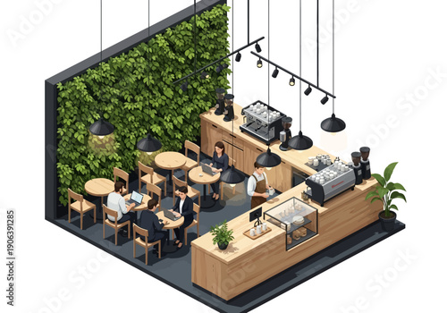 Aerial view of a modern coffee shop with green wall, wooden counter, and round tables