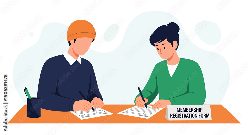 Fototapeta premium Two people filling out membership registration forms at a table.