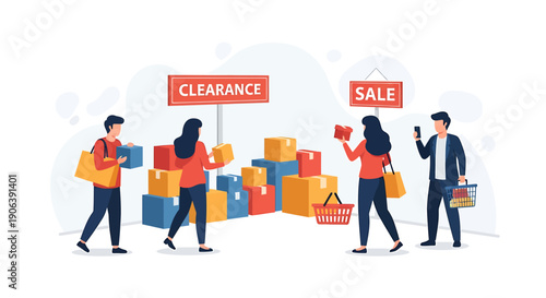 People shopping during a clearance and sale event.