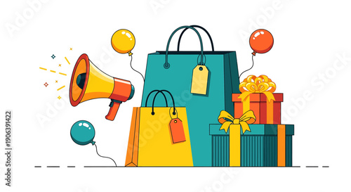 Shopping bags gifts and megaphone with balloons illustration.