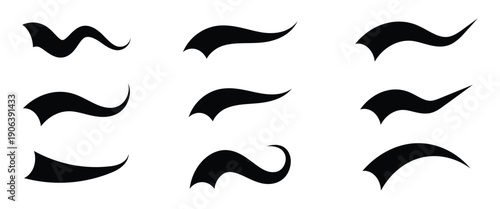 Black vector curved line swoosh tails used for text underlines, graphic design and   baseball, football logo. EPS 10.