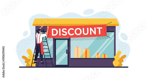 Store owner hangs discount banner on shop facade for sale event.