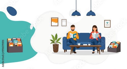 Two people sitting on a couch reading books in a waiting room.