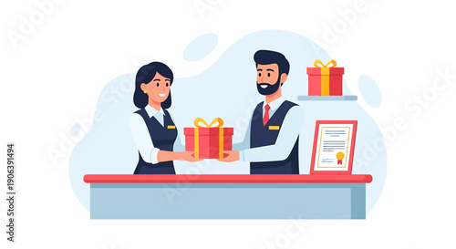 Two Retail Employees Handing Over Gift Boxes at Counter.