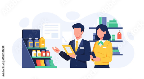 Two professionals discussing products on a store shelf.