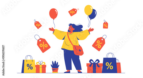 Woman Enjoying Shopping Bag Gifts and Balloons.