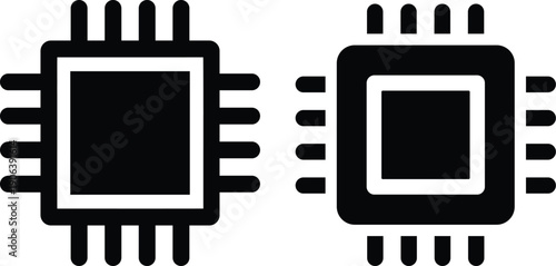 Two different styles of black computer processor icons isolated on a transparent background signifying technology and innovation