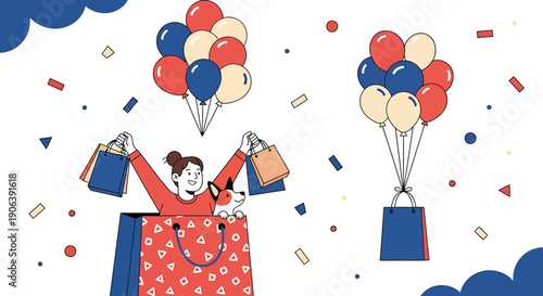 Woman emerging from shopping bag with balloons and gifts.