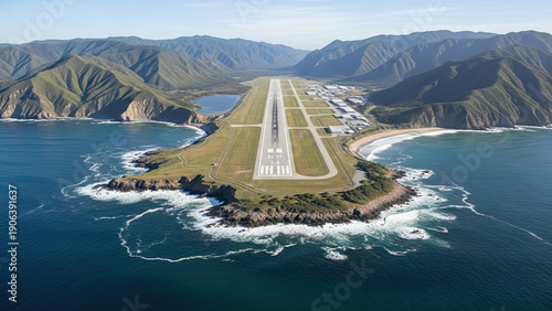 Aerial view of a small island runway surrounded by mountains and ocean waves crashing on the shore