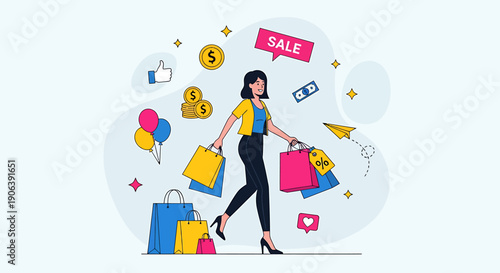 Woman happily shopping with many colorful bags and sale signs.