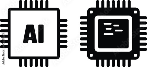 Two iconic computer chips one with AI lettering and another with code lines representing technology and artificial intelligence concepts