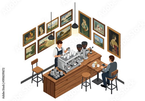 Coffee shop interior with barista and customers surrounded by artwork