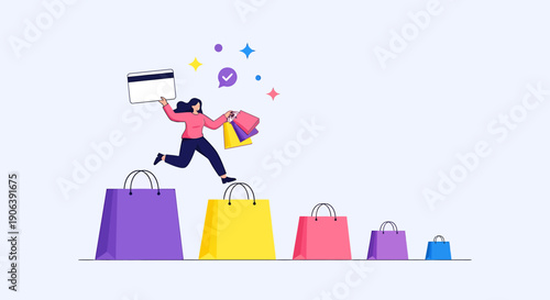 Woman jumping on shopping bags with credit card and purchases.