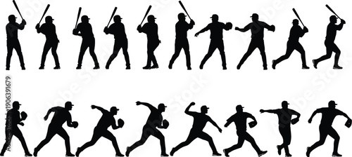 Vector Illustration Set of Baseball Player Silhouettes with Different Batting Poses and Action Shots for Sports Training Tournament and Active Lifestyle Designs