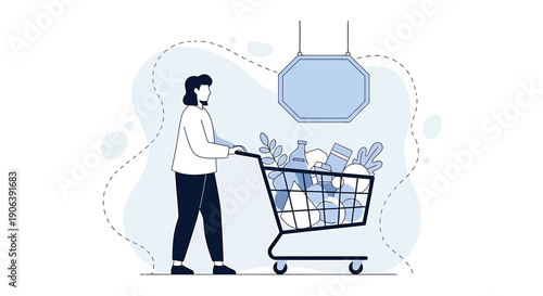 Woman Pushing Shopping Cart Full of Groceries Inside Store.