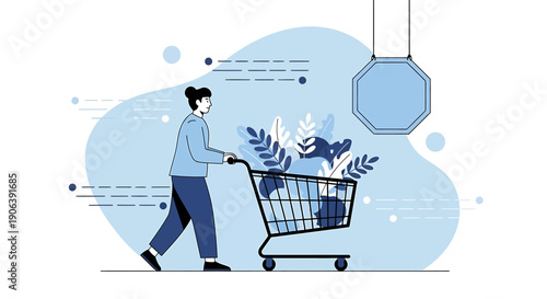 Woman Pushing Shopping Cart Full of Plants and Goods.