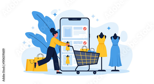 Woman pushing shopping cart in front of large smartphone screen.