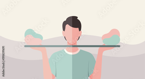 Man balancing weights on glass rod fitness concept with pastel colors and minimalist style