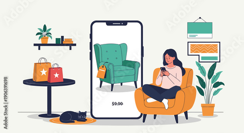 Woman shopping for armchair online using smartphone.