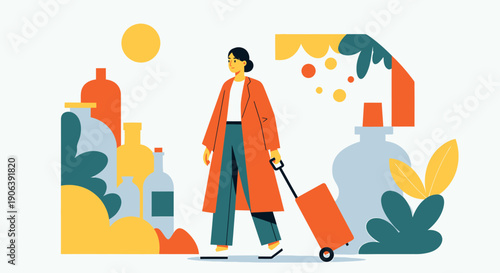 Woman with suitcase traveling on vacation with colorful abstract elements.